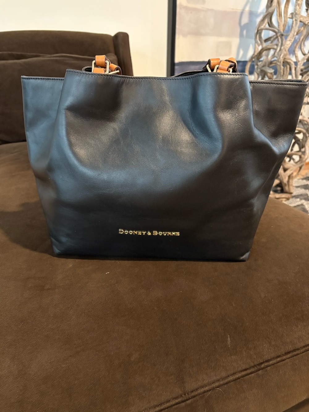Dooney & Bourke Black Leather Tote with Tan Accent Handles